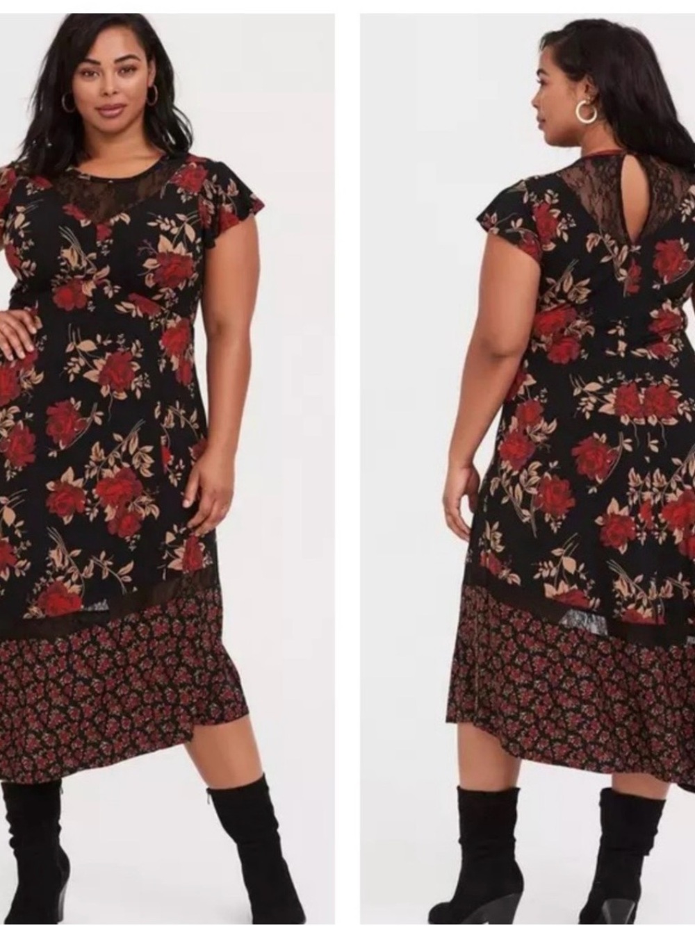 TORRID Black Lace & Studio Knit Red Floral Asymmetrical Midi Dress 4X